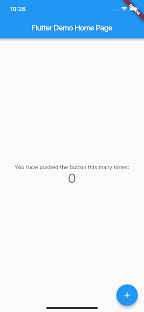 Flutter boilerplate counter app running on iPhone XS Simulator.