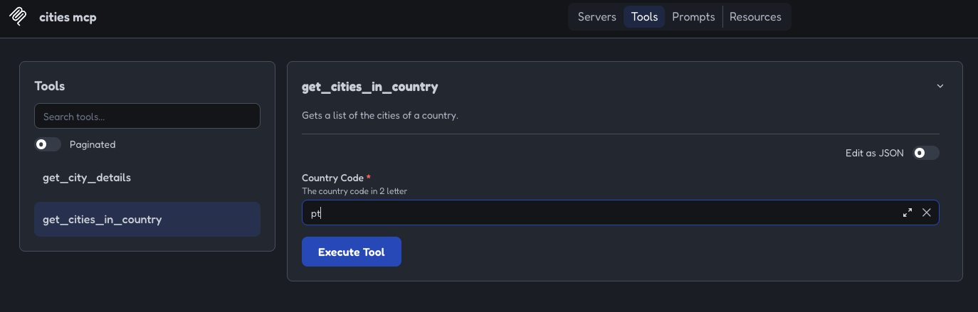 MCP Inspector form for get_cities_in_country with country code 'pt'