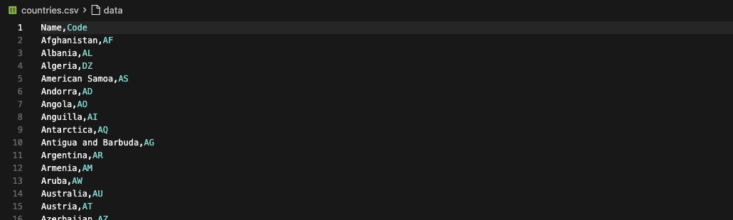 countries.csv open in an editor: columns Name and Code