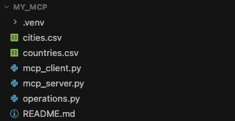 Project folder with .venv, cities.csv, countries.csv, mcp_client.py, mcp_server.py, operations.py and README.md