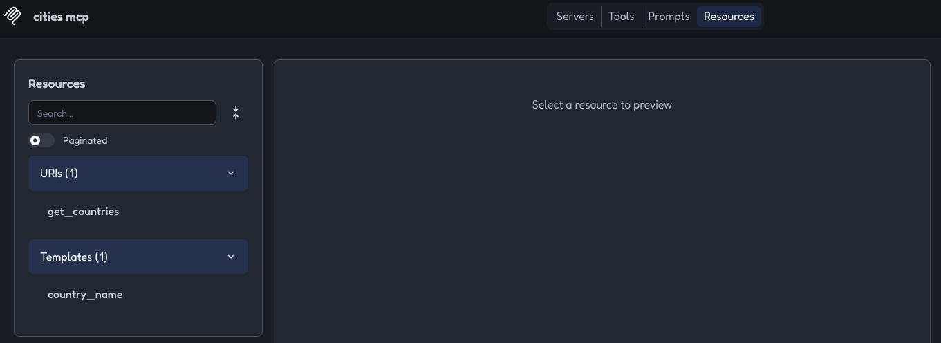 MCP Inspector Resources tab showing one URI (get_countries) and one template (country_name)