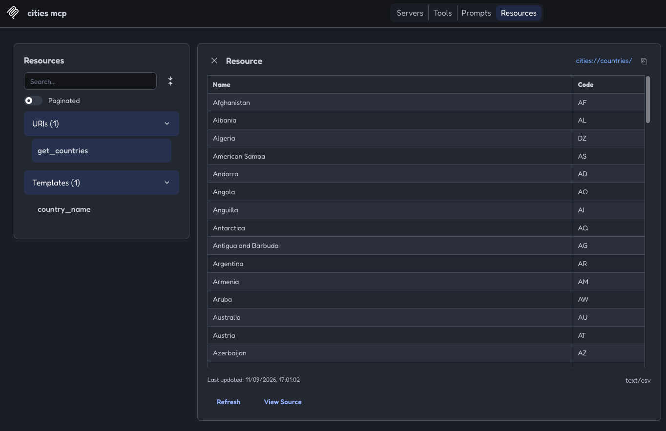 MCP Inspector rendering the cities://countries/ resource as a table of country names and codes