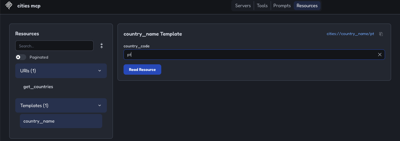 MCP Inspector form for the country_name template with country_code 'pt'