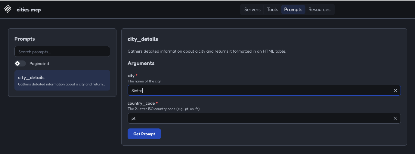 MCP Inspector Prompts tab: city_details prompt with city 'Sintra' and country_code 'pt'