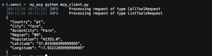 Terminal running python mcp_client.py and printing the JSON details for Faro