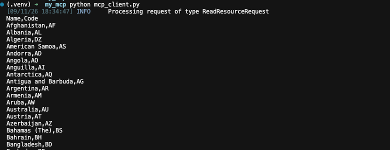 Terminal running python mcp_client.py and printing the countries CSV returned by the resource