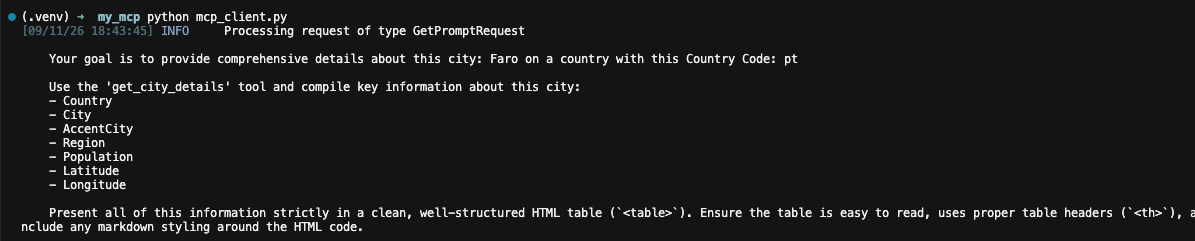 Terminal running python mcp_client.py and printing the generated prompt text