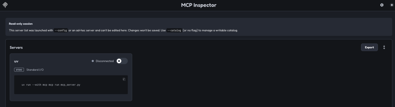MCP Inspector landing page with the Export button in the top right corner