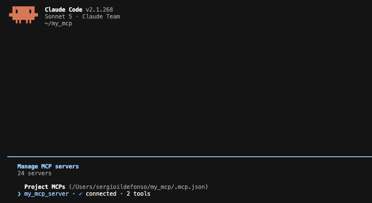Claude Code /mcp screen listing the project MCP my_mcp_server as connected with 2 tools