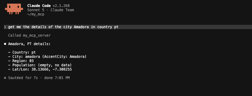 Claude Code answering 'get me the details of the city Amadora in country pt' after calling my_mcp_server
