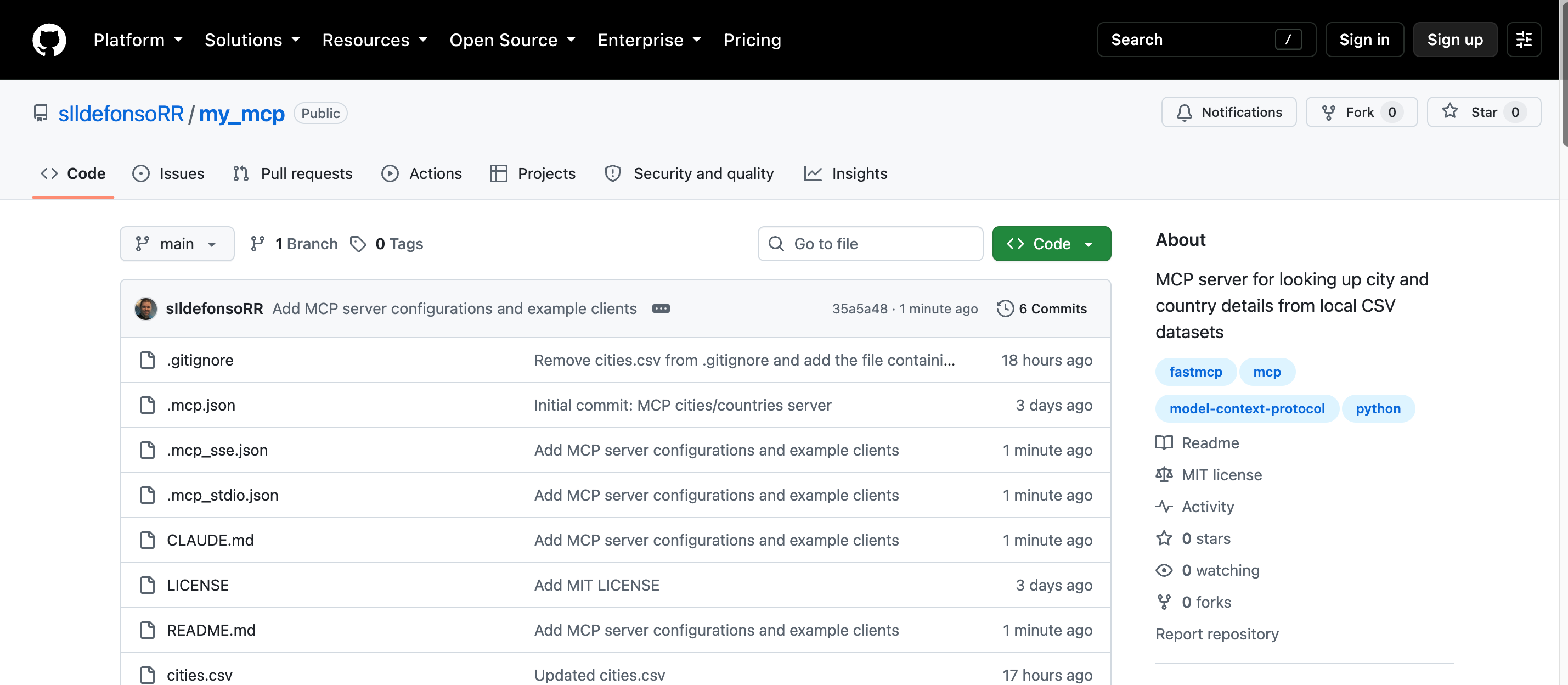 GitHub repository sIldefonsoRR/my_mcp with the project files