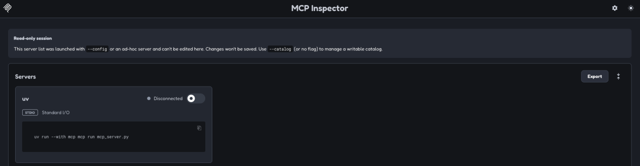 MCP Inspector landing page with the server listed as Disconnected