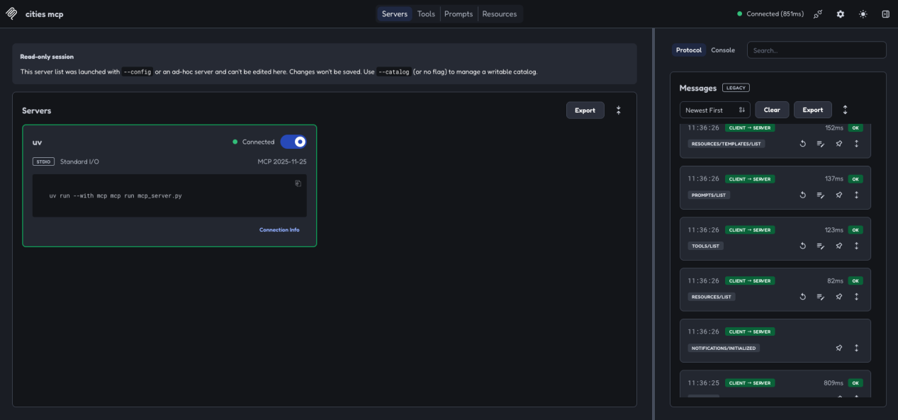 MCP Inspector connected to 'cities mcp', with the protocol messages for tools, prompts and resources on the right