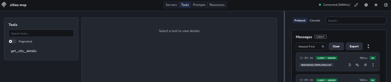 MCP Inspector Tools tab showing the get_city_details tool