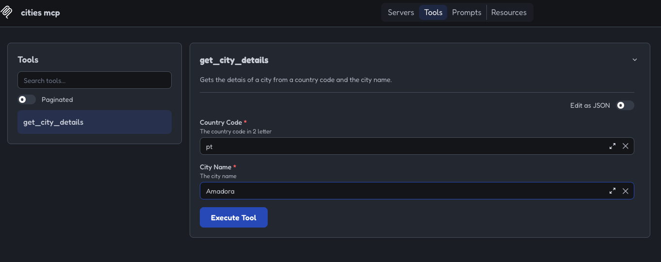 MCP Inspector form for get_city_details with country code 'pt' and city name 'Amadora'