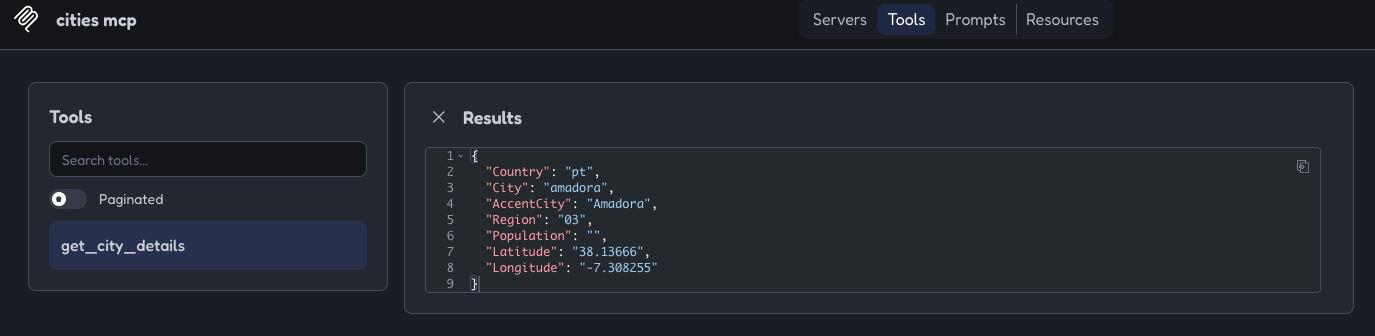 MCP Inspector results: JSON with the details of Amadora, Portugal