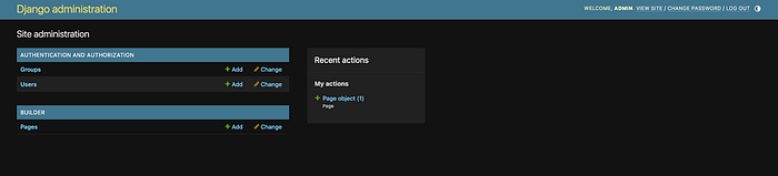 Admin page with the Page model entry