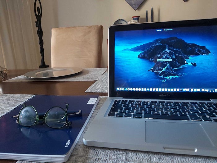 Maria’s minimalist office, in the dinning room.