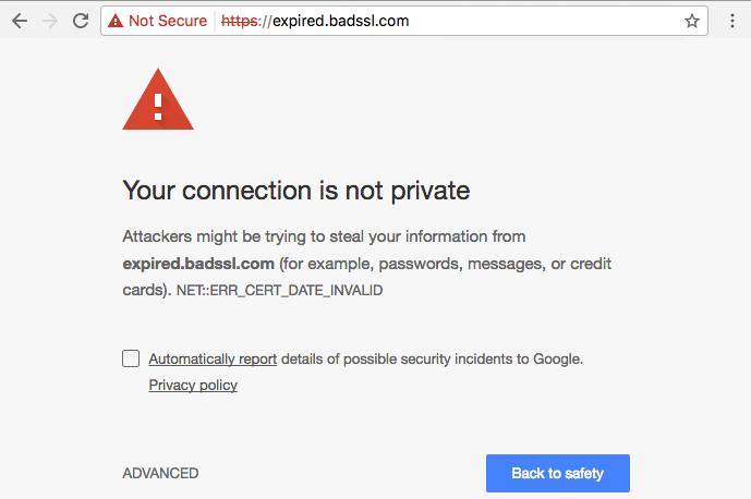 Chrome’s warning when an expired SSL certificate is used.