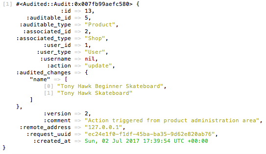 Example of an audit record of product update (with comment)