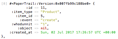 Versions’s table content of a product creation