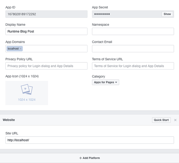 Facebook App settings page